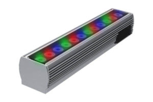 Small profile, DMX controlled, color chaning, LED light strip for walll washing, façade lighting, and exterior accent lighting. Boca Lighting and Controls
