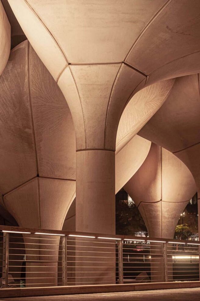 LED wall washing and façade lighting fixtures illuminate modern elevated walkways in an outdoor garden.