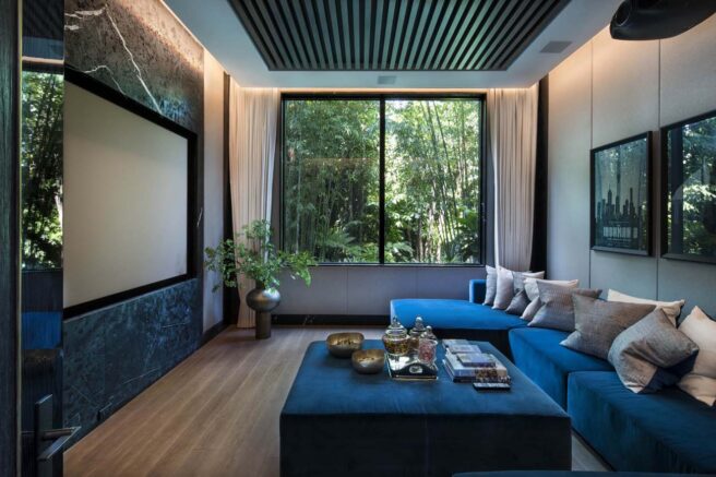 Linear LED cove lighting in a residential living room.