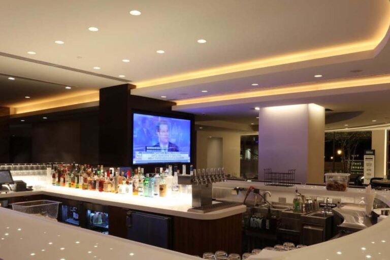 Warm cove lighting in a hotel bar