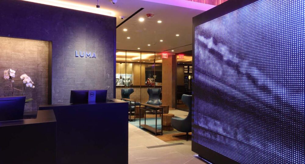 Colorful lighting in a hotel lobby