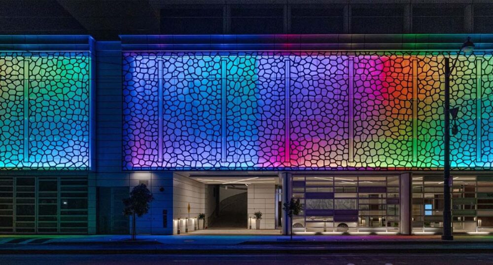 New Hotel Earns Praise for Forward-Thinking Design The colorful, illuminated facade of the Luma Hotel