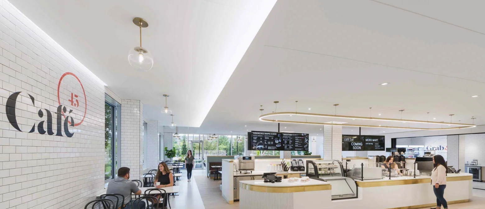 Cove lighting accentuates details in a cafe ceiling